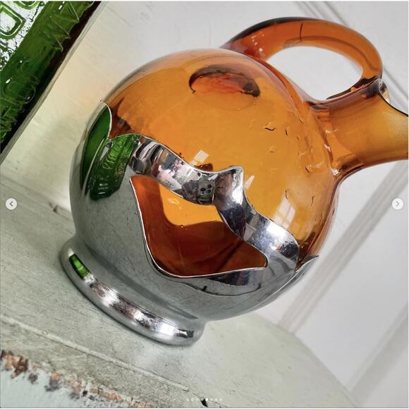 Vintage Amber Brown Glass Decanter Pitcher Silver Krome Kraft Barware Farber - Picture 5 of 8